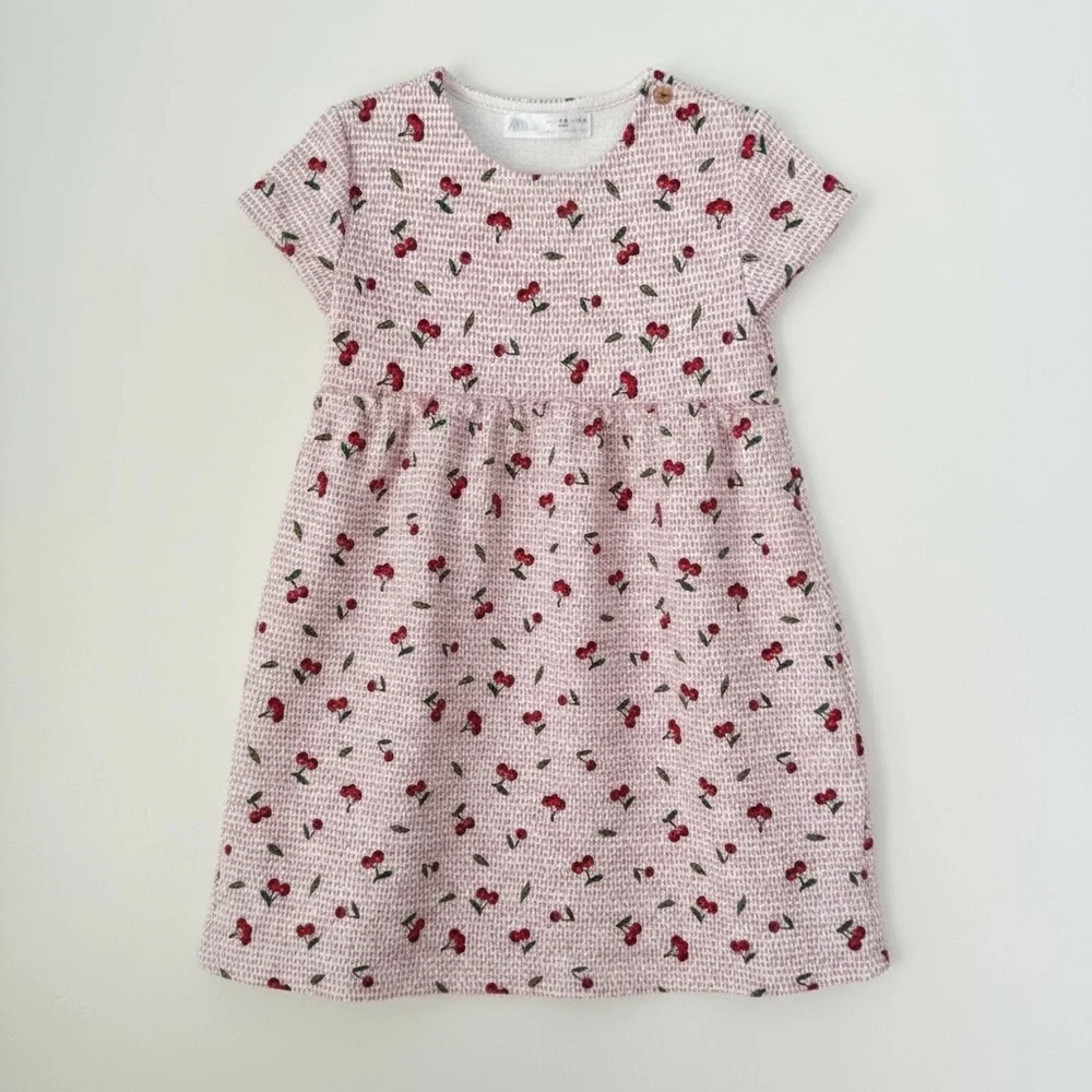 Zara Girls Cherry Print Dress Pink Red Elastic Waist Size 4–5